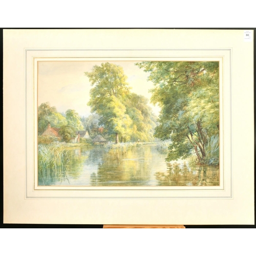 80 - Godfrey Young, An angler on a stretch of water near to houses, watercolour, signed and dated '93, 13... 