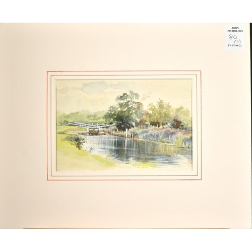 80 - Godfrey Young, An angler on a stretch of water near to houses, watercolour, signed and dated '93, 13... 