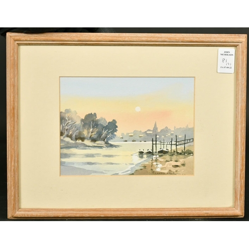 81 - Sydney Vale, Moored sailing boats in an estuary near buildings, watercolour, 5