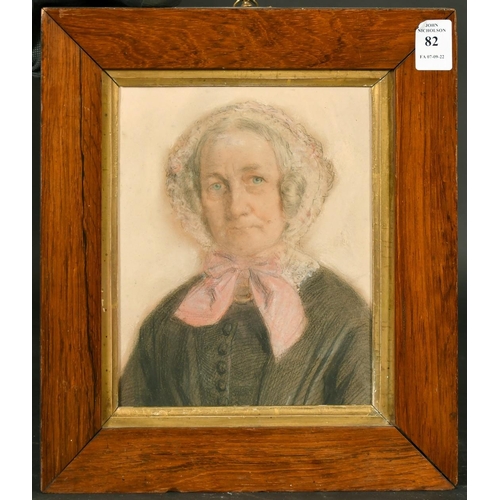 82 - 19th Century, Portrait of an elderly woman wearing a bonnet with a pink bow, pastel, inscription ver... 