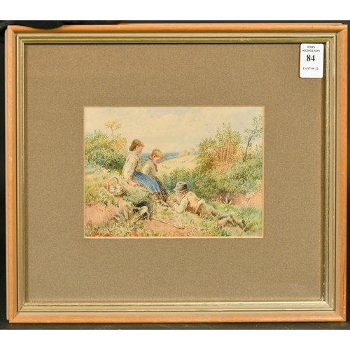 84 - After Birket Foster, Children sitting on a hill looking at a bird's nest, watercolour, bears monogra... 