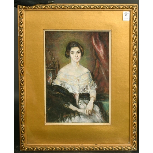 92 - 19th Century, portrait of a seated lady wearing a white dress, gouache, 12.25