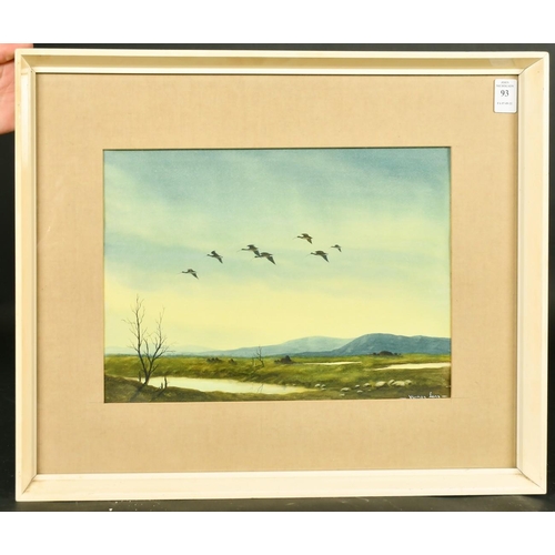 93 - Vernon Lane (1925-1979) Flying Curlew, watercolour, signed, label verso, 9