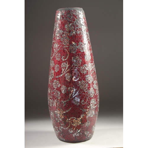 1090 - A MURANO RED AND SILVER GLASS VASE. 15ins high.