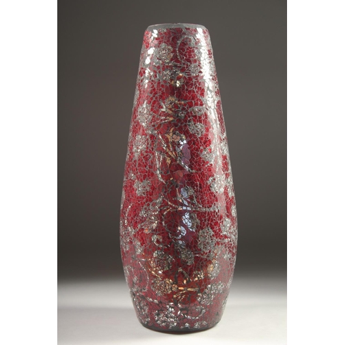 1090 - A MURANO RED AND SILVER GLASS VASE. 15ins high.