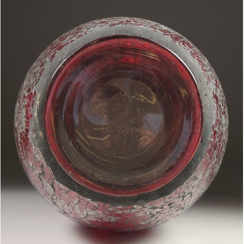 1090 - A MURANO RED AND SILVER GLASS VASE. 15ins high.