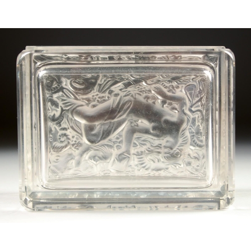 1091 - A GOOD FROSTED GLASS RECTANGULAR BOX AND COVER, the lid with a classical nude holding an hourglass, ... 