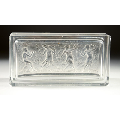 1092 - A GOOD FROSTED GLASS RECTANGULAR BOX AND COVER, the lid with the Three Graces, dancing, followed by ... 