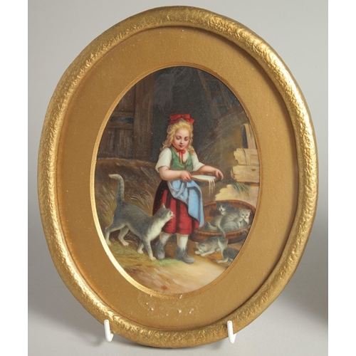 1128 - A PAIR OF 19TH CENTURY CONTINENTAL OVAL PORCELAIN PLAQUES, children with cats and dogs. 6ins x 4.25i... 