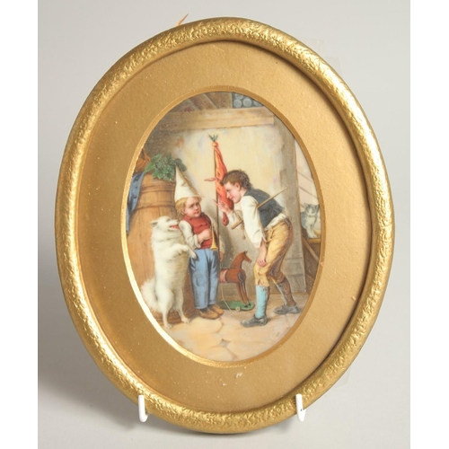 1128 - A PAIR OF 19TH CENTURY CONTINENTAL OVAL PORCELAIN PLAQUES, children with cats and dogs. 6ins x 4.25i... 