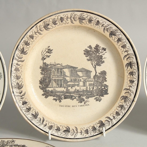 1180 - A SET OF FIVE FRENCH ARCHITECTURAL PLATES, some buildings no longer exist. 8ins diameter.