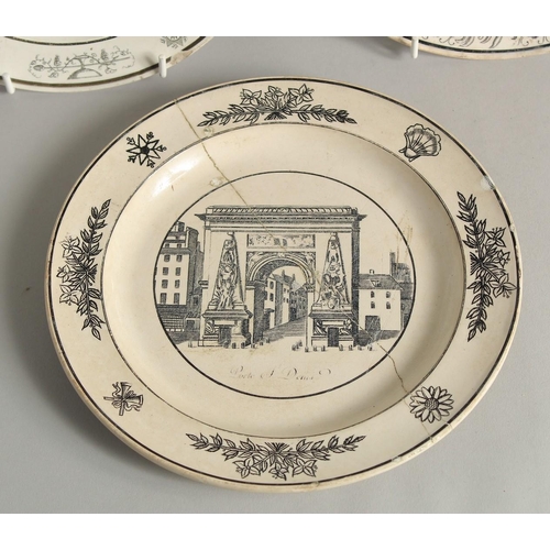 1180 - A SET OF FIVE FRENCH ARCHITECTURAL PLATES, some buildings no longer exist. 8ins diameter.