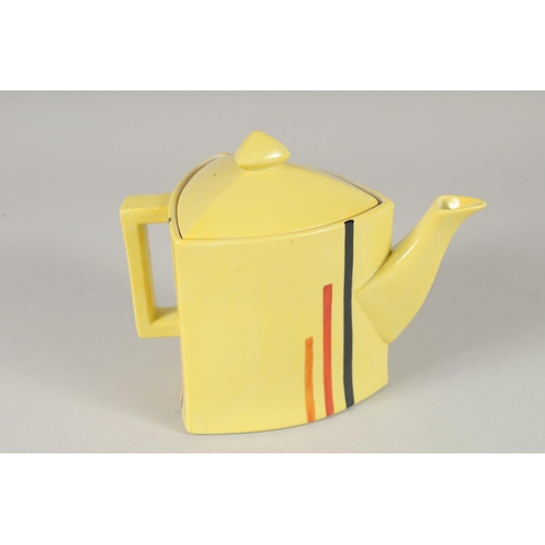 1183 - AN ART DECO YELLOW TEA SET, comprising large tea pot, small tea pot, sugar bowl, six cups and saucer... 