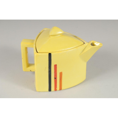 1183 - AN ART DECO YELLOW TEA SET, comprising large tea pot, small tea pot, sugar bowl, six cups and saucer... 