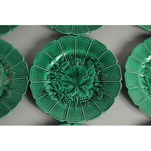 1190 - A SET OF ELEVEN FRUITING VINE GREEN DESSERT PLATES 7.5ins diameter