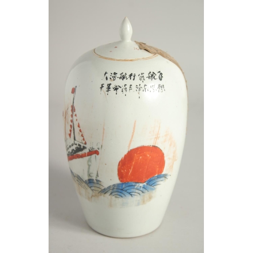 1214 - A CHINESE PORCELAIN TEA JAR AND COVER. 9ins high.