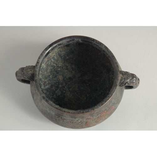 1238 - A CHINESE SILVER INLAID CIRCULAR CENSER with elephant handles. 5ins diameter.