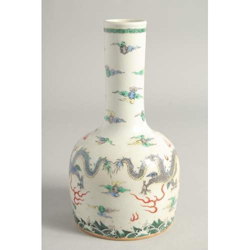 1254 - A CHINESE FAMILLE VERTE PORCELAIN BOTTLE VASE painted with dragons and the flaming pearl of wisdom. ... 