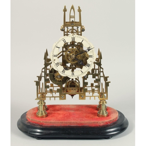 1276 - A GOOD VICTORIAN BRASS CATHEDRAL SKELETON CLOCK with black and white Roman numerals, fusee mount on ... 