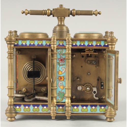 1283 - A DOUBLE CLOISONNE ENAMEL CARRIAGE CLOCK AND BAROMETER with carrying handle. 5ins high.