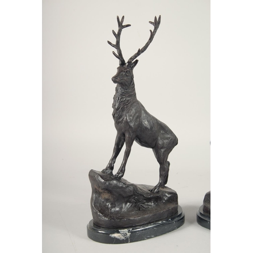 1292 - AFTER J MOIGNIEZ A PAIR OF BRONZE STAGS on an oval marble base.