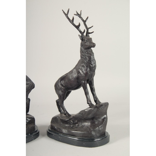 1292 - AFTER J MOIGNIEZ A PAIR OF BRONZE STAGS on an oval marble base.