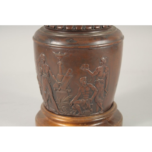 1298 - A GOOD CLASSICAL BRONZE URN AS A LAMP, on a circular marble base. Urn, 1ft 2ins high.