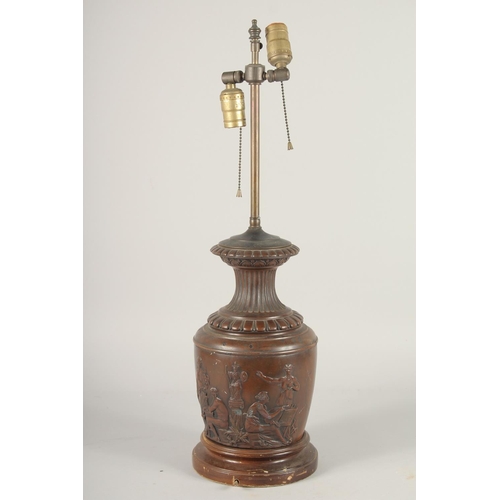 1298 - A GOOD CLASSICAL BRONZE URN AS A LAMP, on a circular marble base. Urn, 1ft 2ins high.