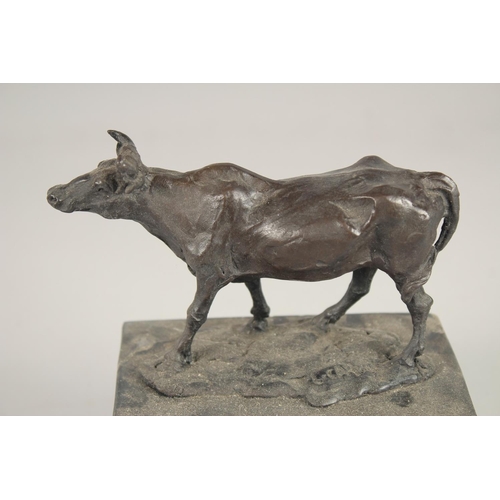 1300 - A SMALL BRONZE OF A BULL 5ins long on a marble base.