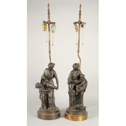 1305 - LOUIS SAUVAGEAU, FRENCH, b. 1822, ' FEMME et AMOUR, LE JEU' A VERY GOOD PAIR OF CLASSICAL BRONZES OF... 