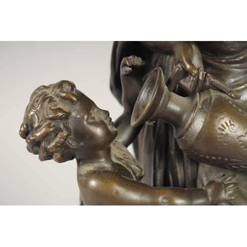 1305 - LOUIS SAUVAGEAU, FRENCH, b. 1822, ' FEMME et AMOUR, LE JEU' A VERY GOOD PAIR OF CLASSICAL BRONZES OF... 