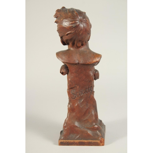 1312 - SCHACH AN ART DECO CARVED WOOD BUST OF A MAN ON A PLINTH. W. GOGGS sc. 1914 PAETZ. 14.5ins high.... 