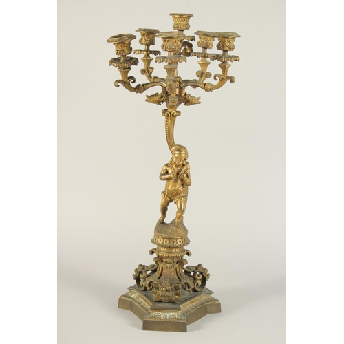 1318 - A GOOD PAIR OF 19TH CENTURY FRENCH ORMOLU SIX LIGHT CANDELABRAS with dwarf figures on a base with ma... 