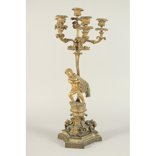 1318 - A GOOD PAIR OF 19TH CENTURY FRENCH ORMOLU SIX LIGHT CANDELABRAS with dwarf figures on a base with ma... 