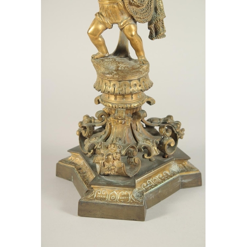 1318 - A GOOD PAIR OF 19TH CENTURY FRENCH ORMOLU SIX LIGHT CANDELABRAS with dwarf figures on a base with ma... 