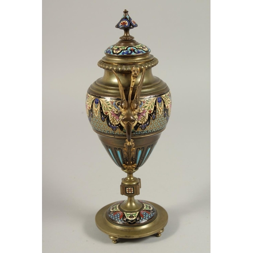 1323 - A GOOD 19TH CENTURY FRENCH CHAMPLEVE ENAMEL TWO HANDLED BRONZE URN AND COVER with winged eagle handl... 