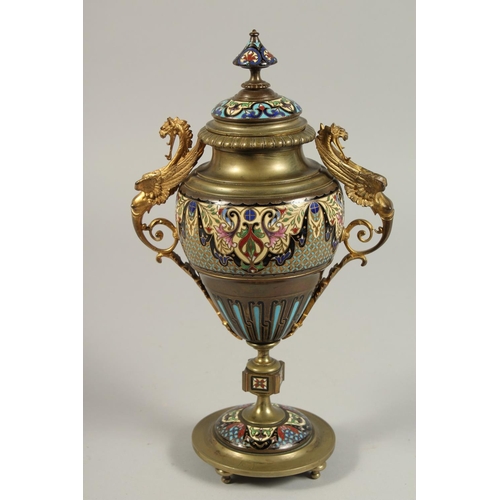 1323 - A GOOD 19TH CENTURY FRENCH CHAMPLEVE ENAMEL TWO HANDLED BRONZE URN AND COVER with winged eagle handl... 