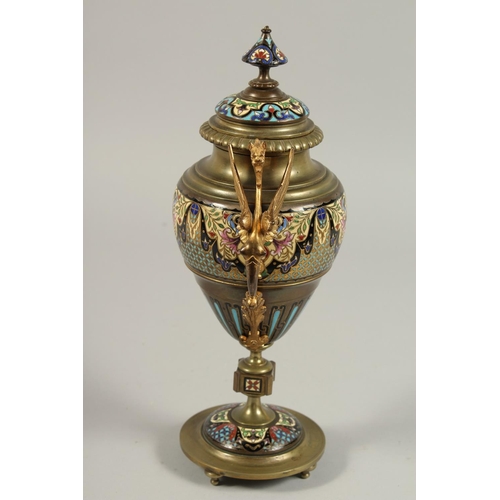 1323 - A GOOD 19TH CENTURY FRENCH CHAMPLEVE ENAMEL TWO HANDLED BRONZE URN AND COVER with winged eagle handl... 