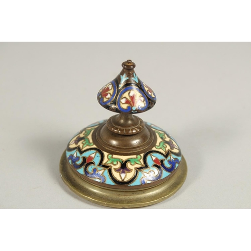 1323 - A GOOD 19TH CENTURY FRENCH CHAMPLEVE ENAMEL TWO HANDLED BRONZE URN AND COVER with winged eagle handl... 