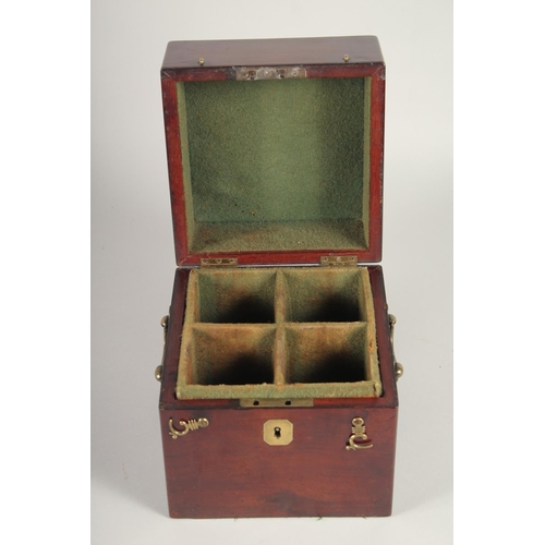 1345 - A GOOD GEORGIAN SQUARE MAHOGANY DECANTER BOX AND COVER with brass carrying handle and filled with fo... 