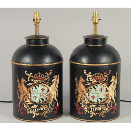 1373 - A PAIR OF BLACK TOLEWARE CANNISTER LAMPS AND SHADES 1ft 7ins high.