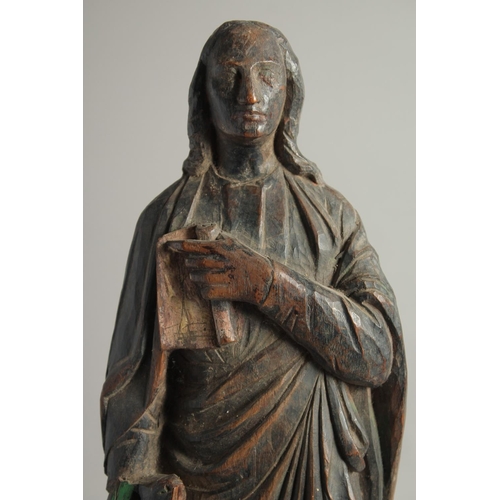 1393 - AN EARLY CARVED WOOD FLAT BACKED RELIGIOUS FIGURE. 19.5ins long.