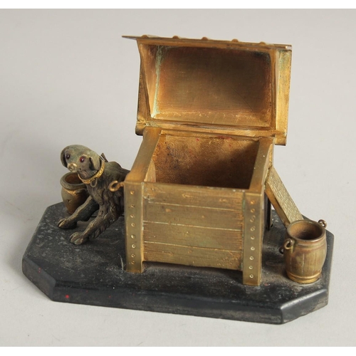 1411 - A BRONZE INKWELL, DOG IN A KENNEL on a marble base. 5ins long.