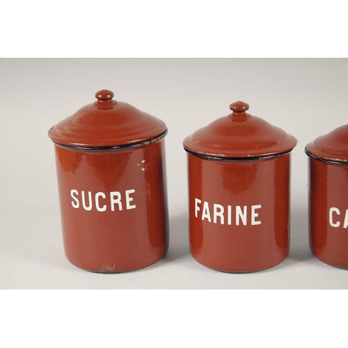 1436 - A SET OF ENAMEL STORAGE JARS.