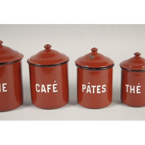 1436 - A SET OF ENAMEL STORAGE JARS.