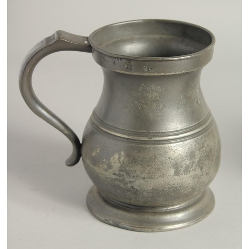 1447 - TWO PEWTER QUART TANKARDS 6ins high.