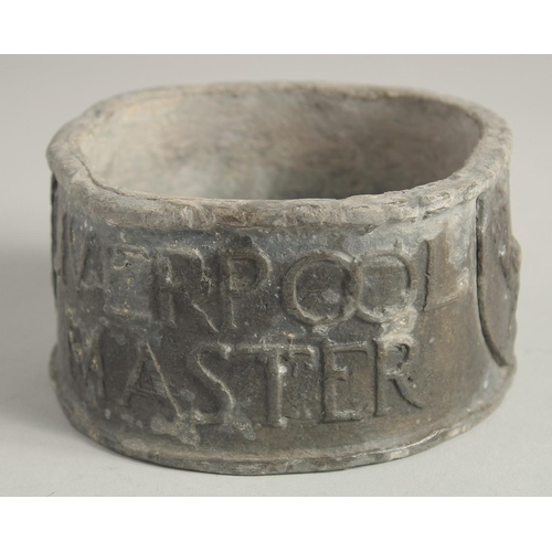 1449 - AN EARLY LIVERPOOL MASTER CIRCULAR LEAD TOBACCO BOX, BUILDER'S ASSOCIATION by Griffiths & Sons, Live... 