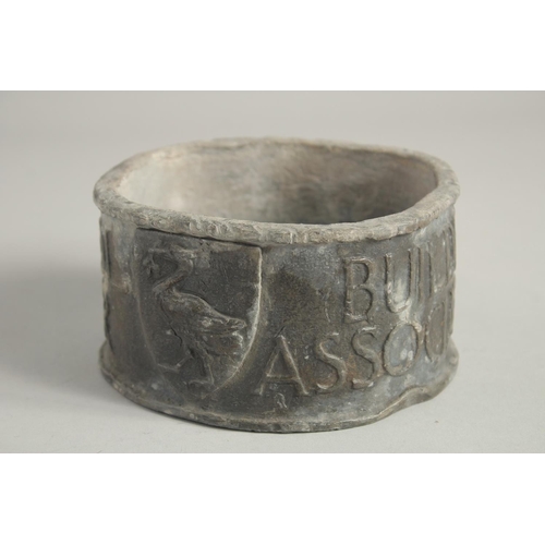 1449 - AN EARLY LIVERPOOL MASTER CIRCULAR LEAD TOBACCO BOX, BUILDER'S ASSOCIATION by Griffiths & Sons, Live... 