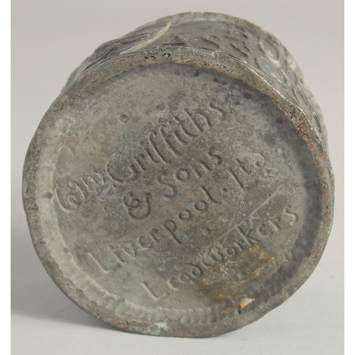 1449 - AN EARLY LIVERPOOL MASTER CIRCULAR LEAD TOBACCO BOX, BUILDER'S ASSOCIATION by Griffiths & Sons, Live... 