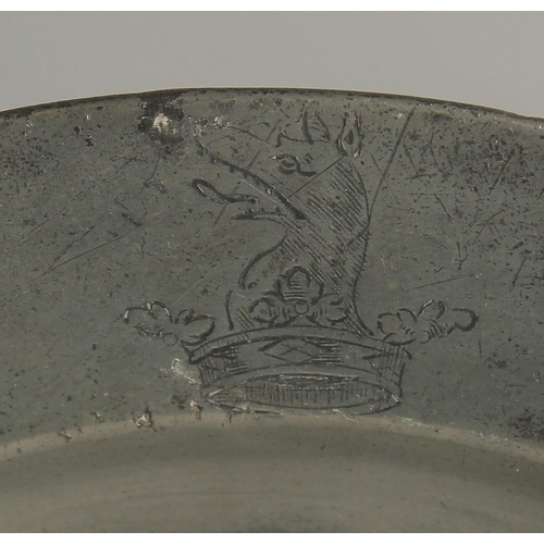 1452 - THREE EARLY PEWTER PLATES, Griffin Crown Crest. 9.5ins diameter.